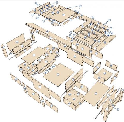 Une table-coffre moderne - vue éclatée