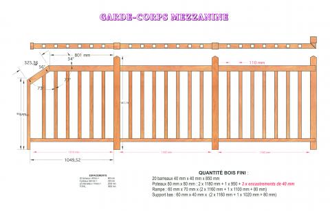 Un escalier quart tournant : garde-corps, le plan (tenant compte du rampant)