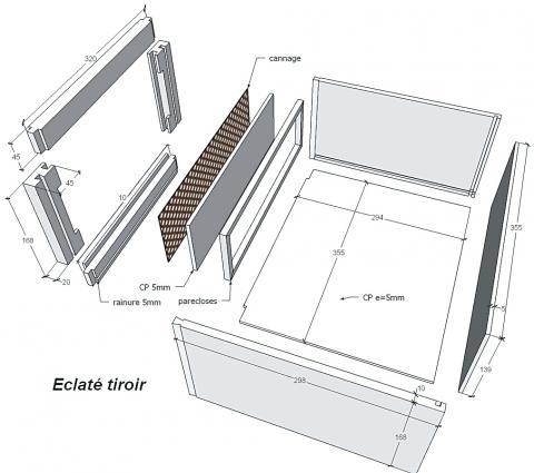 Meuble colonne de salle de bains, vue éclatée du tiroir